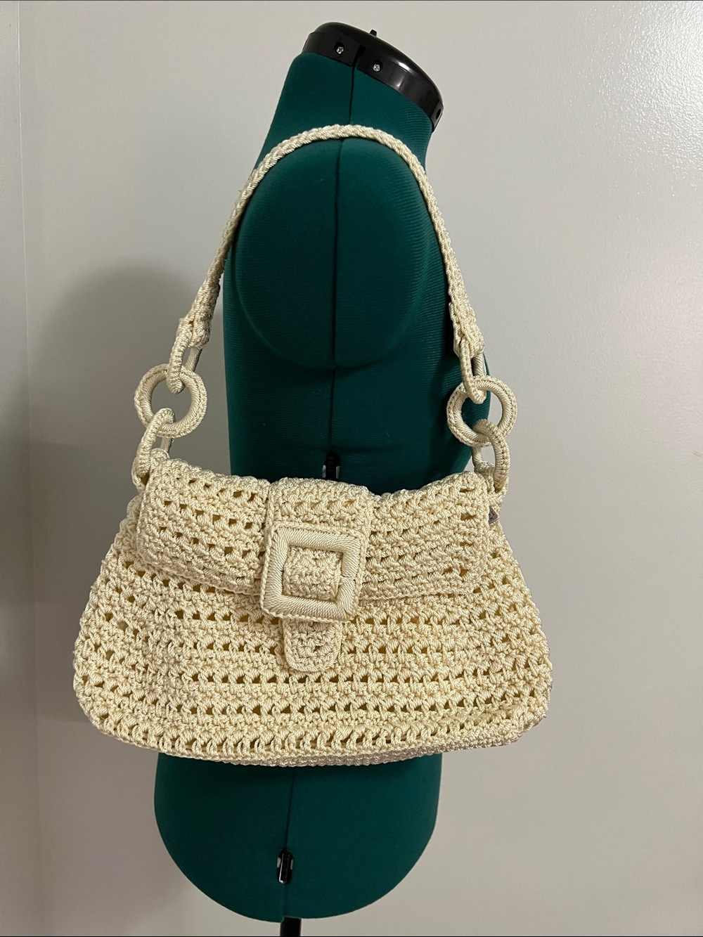 Vintage Cream Crochet Shoulder Bag with Buckle Strap by SAK.